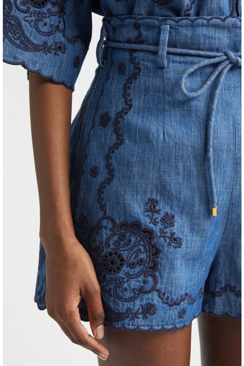 Aster Paisley Embroidered Denim Shorts, Alternate, color, RAILWAY BLUE