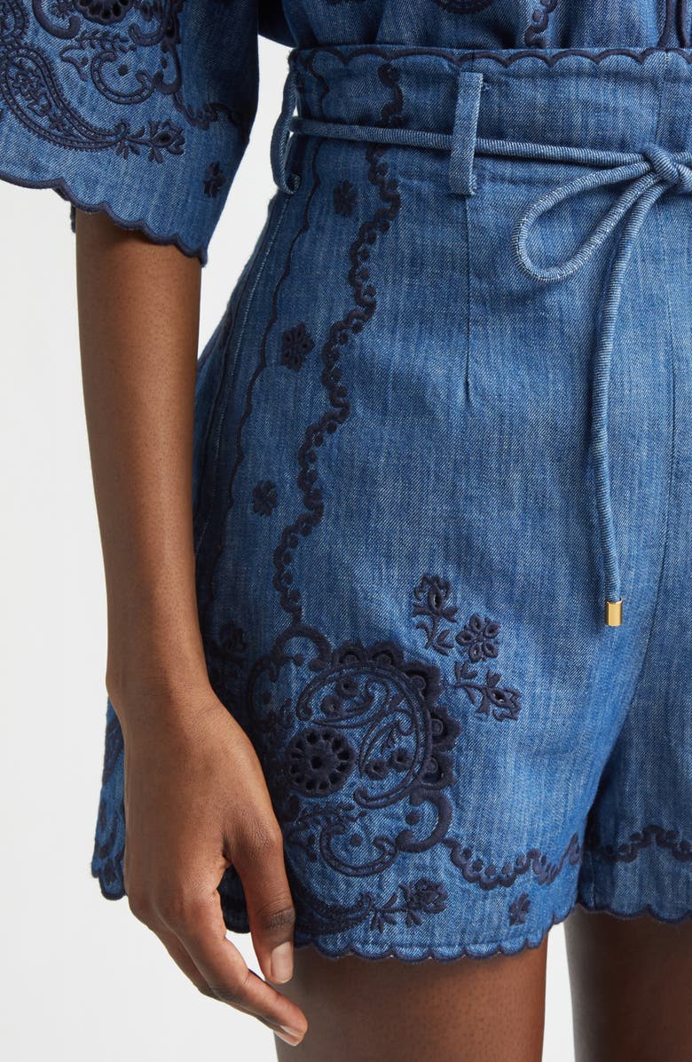 Zimmermann Aster Paisley Embroidered Denim Shorts, Alternate, color, Railway Blue