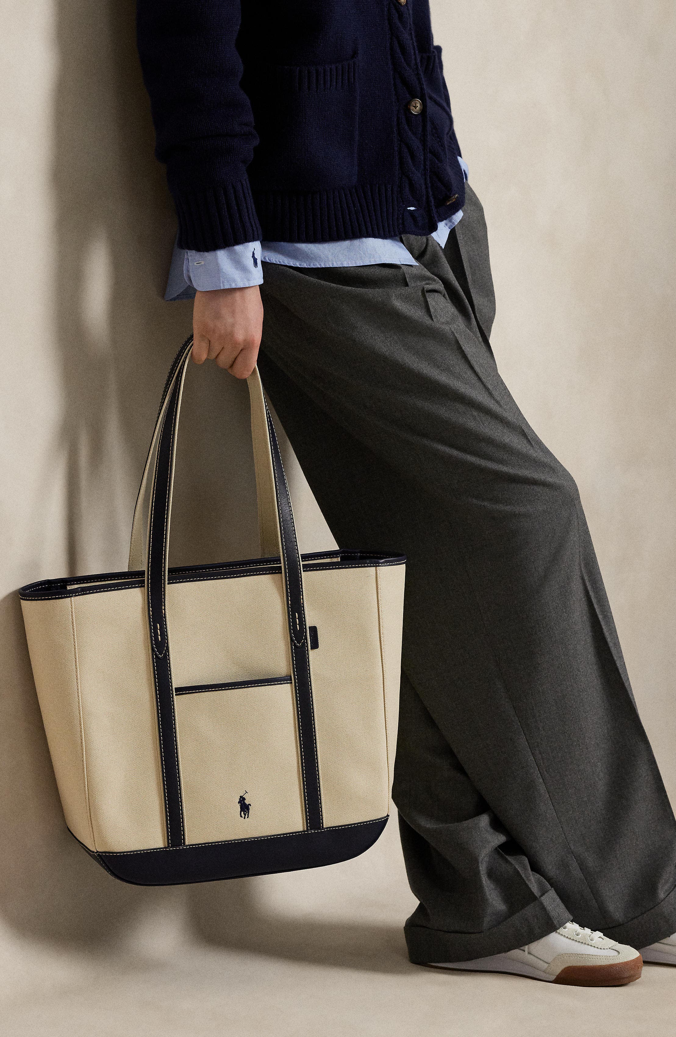 Medium Canvas & Leather Tote, Alternate, color, ECRU/ NAVY