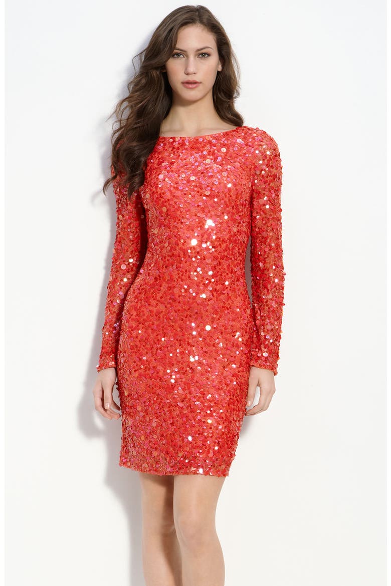 Sequined Mesh Sheath Dress, Main, color, CORAL