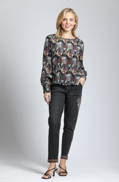 Apny Printed Smocked Cuff Top In Grey Multi