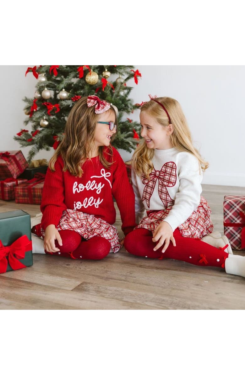 Sweet Wink Christmas Plaid Bow Patch Sweatshirt, Alternate, color, Natural