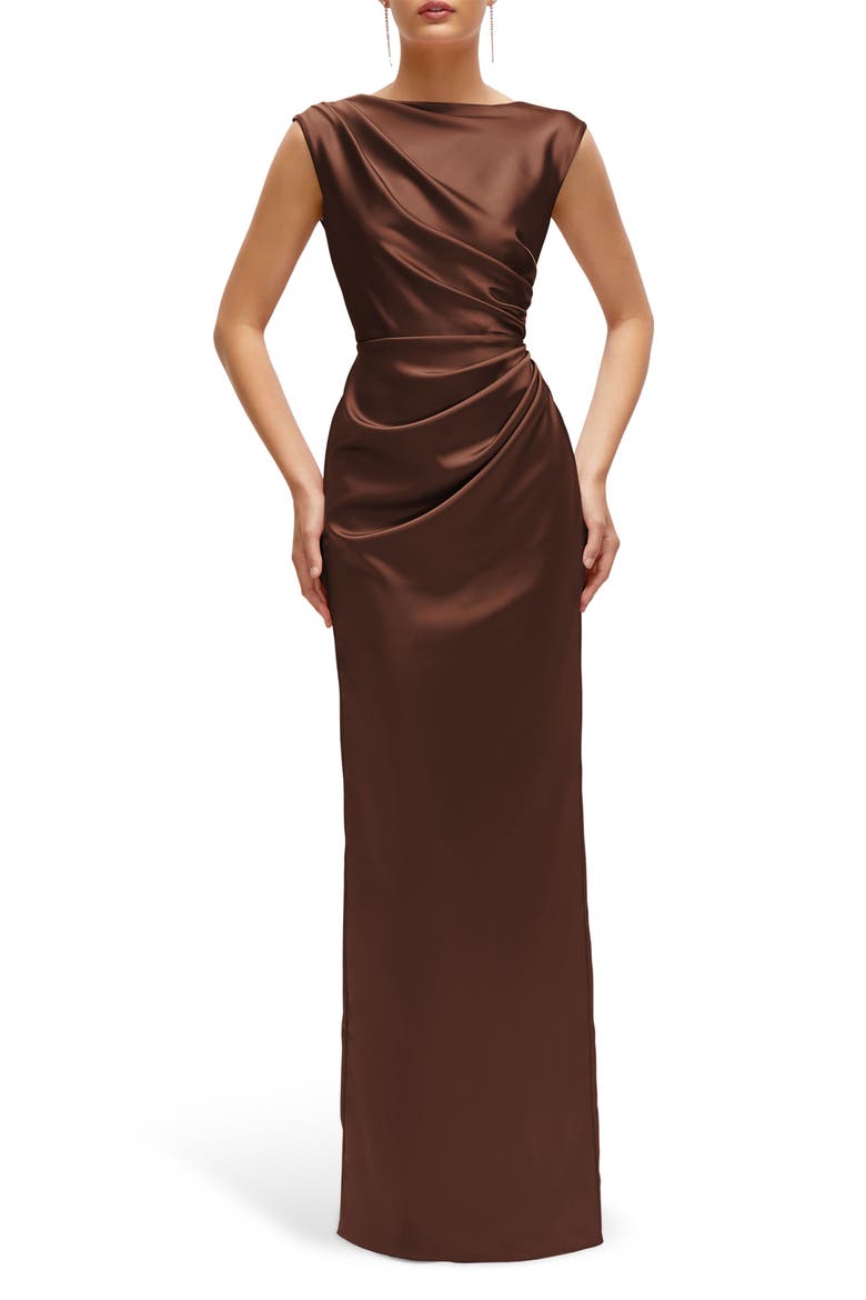 Pleated Cap Sleeve Charmeuse Gown, Main, color, COGNAC