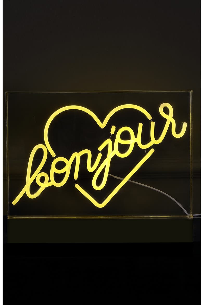 Bonjour Heart 15" X 10.3" Contemporary Glam Acrylic Box USB Operated LED Neon Light, Yellow, Alternate, color, Yellow