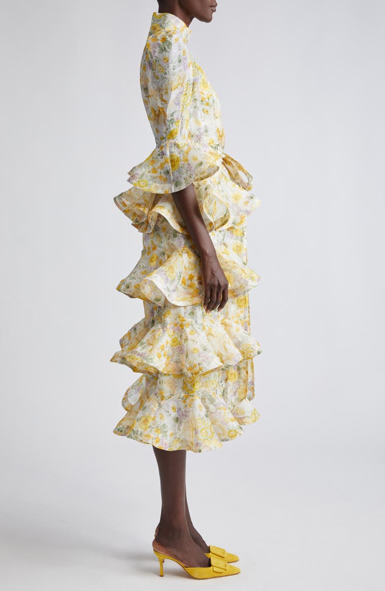 Zimmermann Harmony Floral Ruffle Tiered Linen & Silk Midi Dress, Alternate, color, 