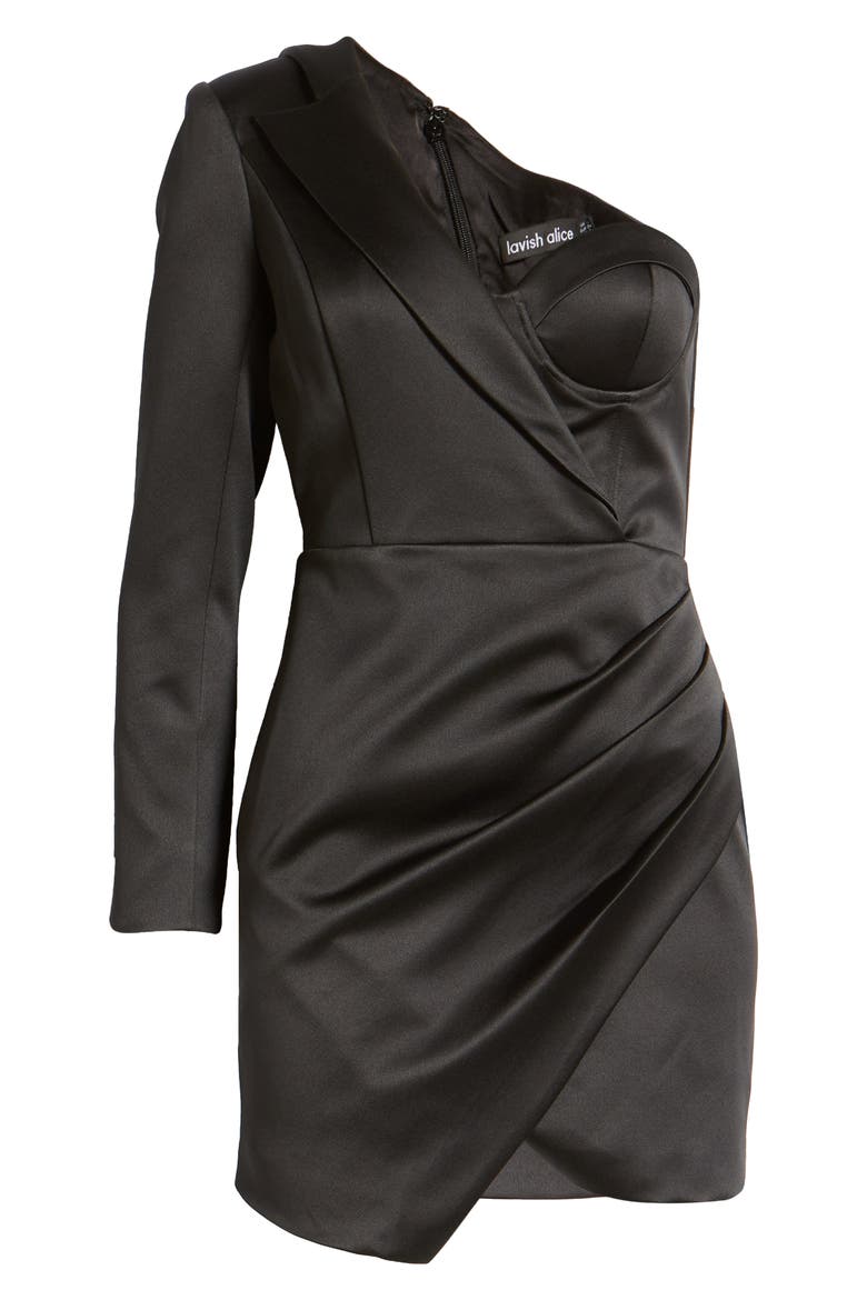 Bonded Satin Beaded One-Shoulder Dress, Alternate, color, BLACK