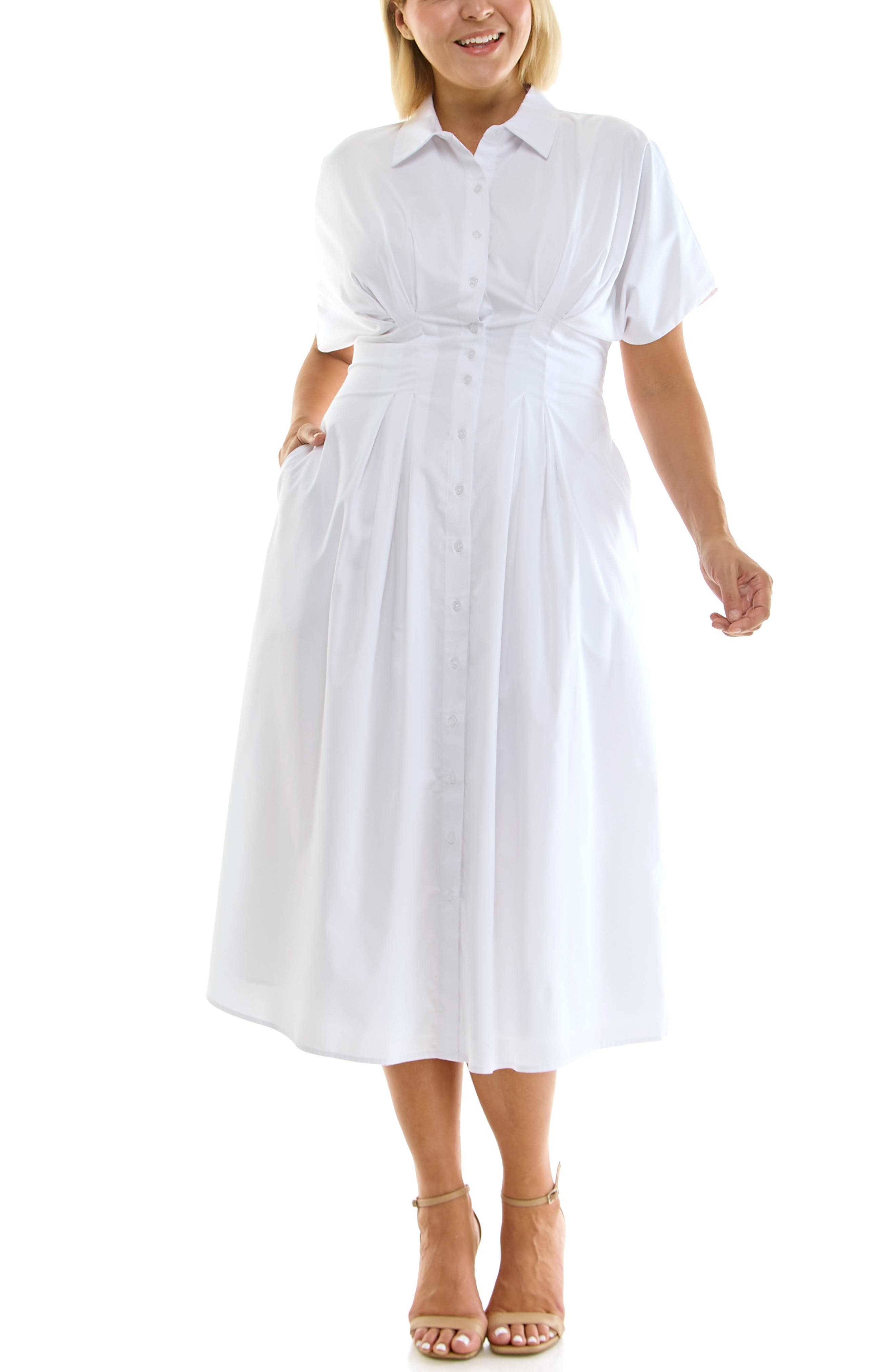 Nicole Miller Pintuck Waist Midi Shirtdress