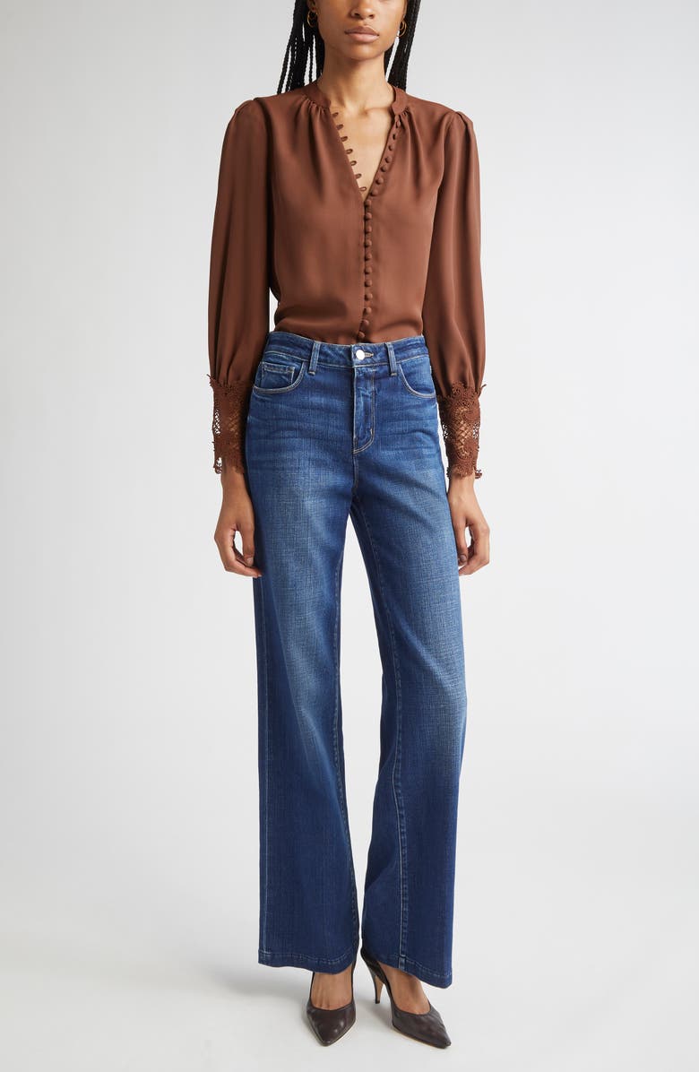 L'AGENCE Ava Lace Cuff Button-Up Blouse, Alternate, color, Hot Fudge