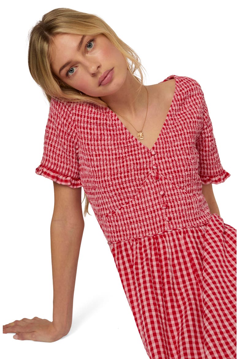 Eliza Gingham Smocked Bodice Organic Cotton Seersucker Midi Dress, Alternate, color, RED GINGHAM