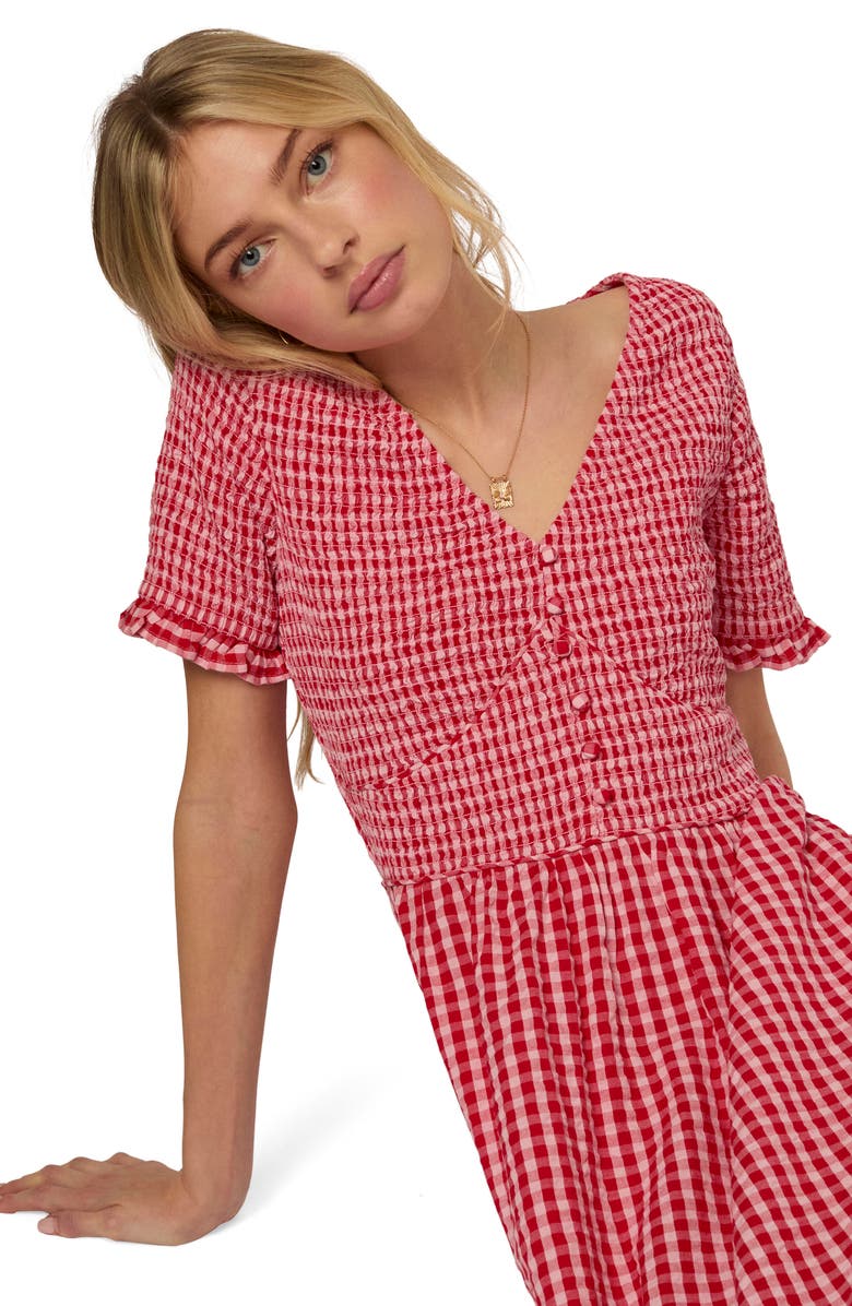 Nobody's Child Eliza Gingham Smocked Bodice Organic Cotton Seersucker Midi Dress, Alternate, color, Red Gingham