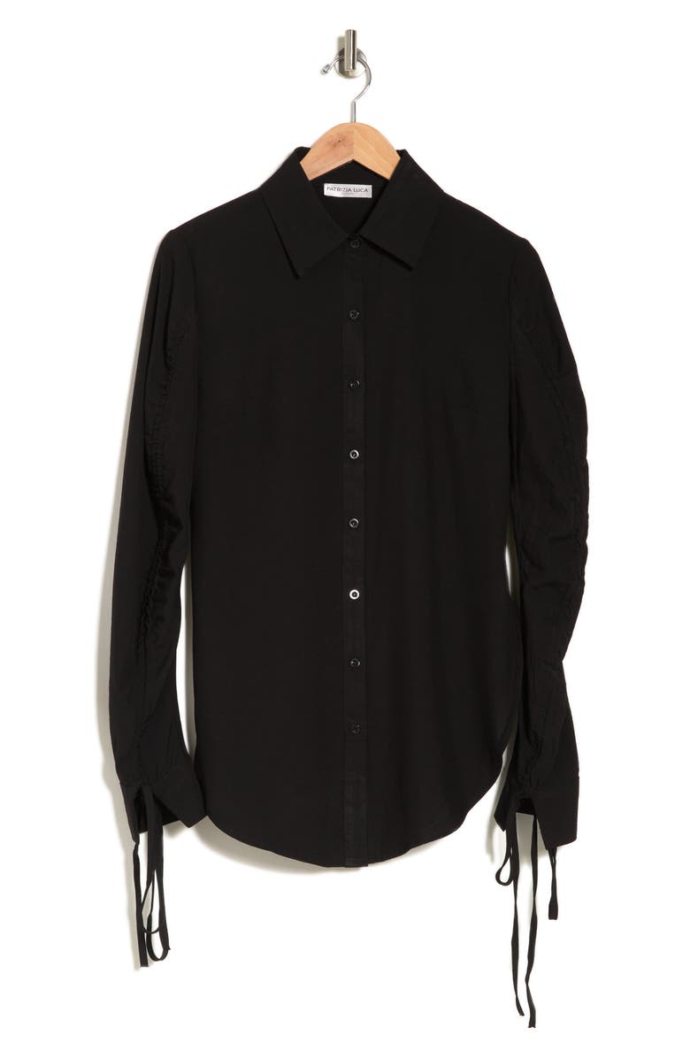 PATRIZIA LUCA Ruched Sleeve Button-Up Shirt, Alternate, color, Black
