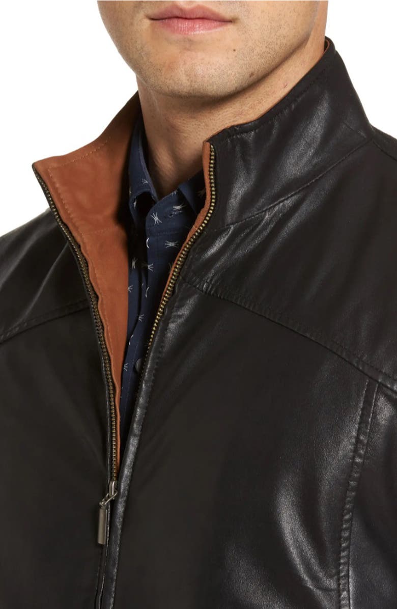 Missani Le Collezioni Contrast Trim Lambskin Leather Jacket, Alternate, color, Black/Saddle