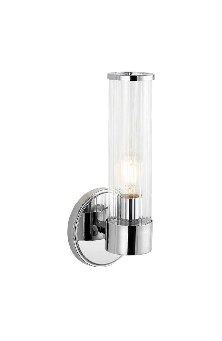 JONATHAN Y Cecil 1-Light Tall Cylinder Iron/Striped Glass Modern Mid-Century LED Vanity, Main, color, Chrome With Clear Shade