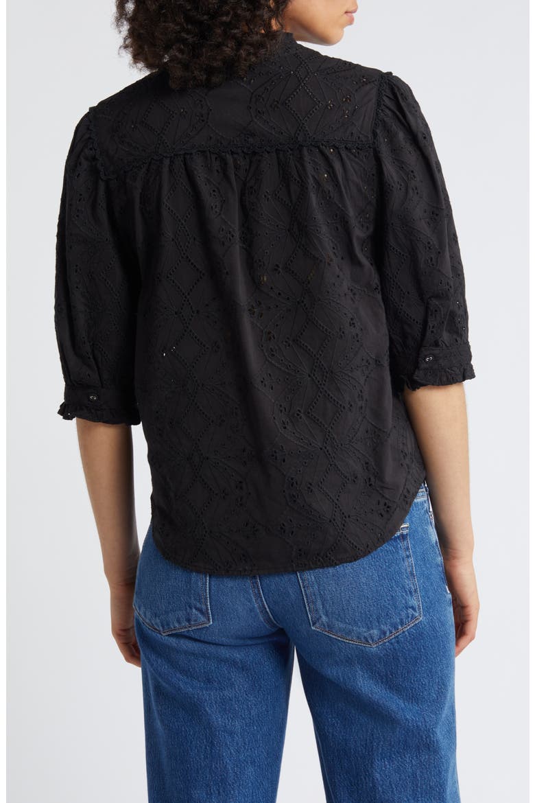 Embroidered Eyelet Button-Up Shirt, Alternate, color, BLACK