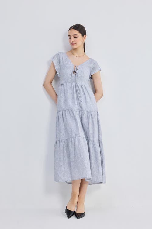 Reistor Gathered Tiered Dress With Front-ties In Pin Striped Linen