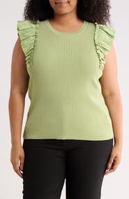 T Tahari Ruffle Sleeve Rib Sweater Tank