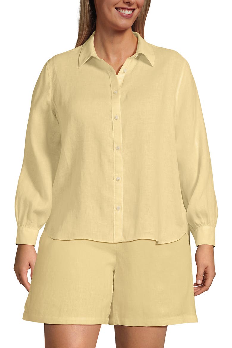 Plus Size Linen Long Sleeve Feminine Shirt, Main, color, Pale Sunbeam Yellow