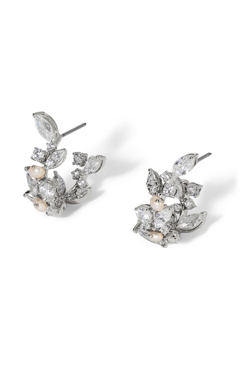 Nadri Ravish Cubic Zirconia & Cultured Pearl Mini Hoop Earrings, Main, color, Rhodium