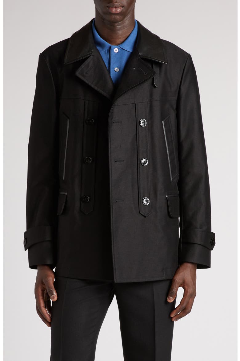 Leather Trimmed Brushed Cotton Satin Peacoat, Main, color, BLACK