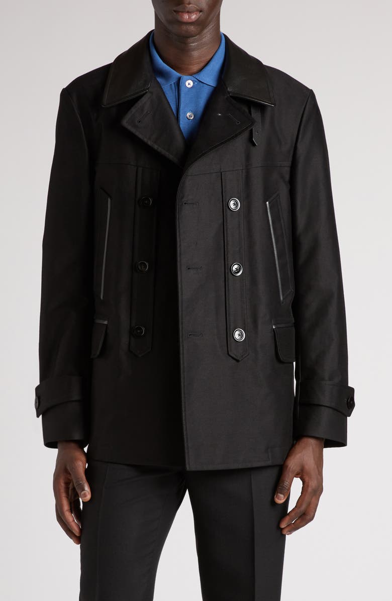 TOM FORD Leather Trimmed Brushed Cotton Satin Peacoat, Main, color, Black