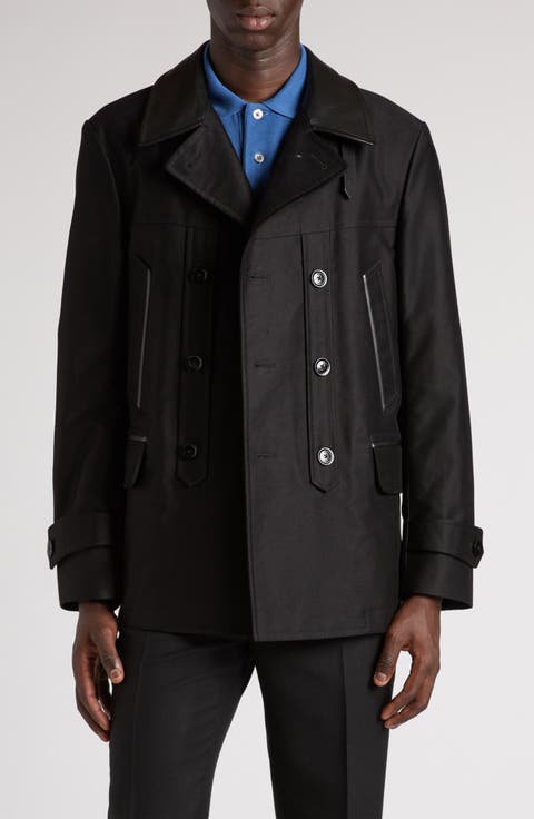 Leather Trimmed Brushed Cotton Satin Peacoat