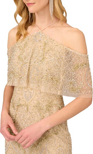 Aidan Mattox by Adrianna Papell Cold Shoulder Beaded Halter Column