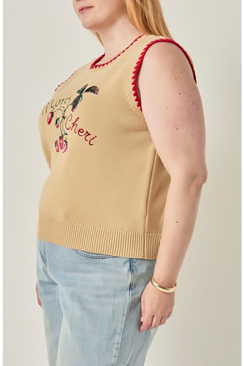 Strawberry Stitch Detail Vest, Alternate, color, BEIGE/ RED MULTI