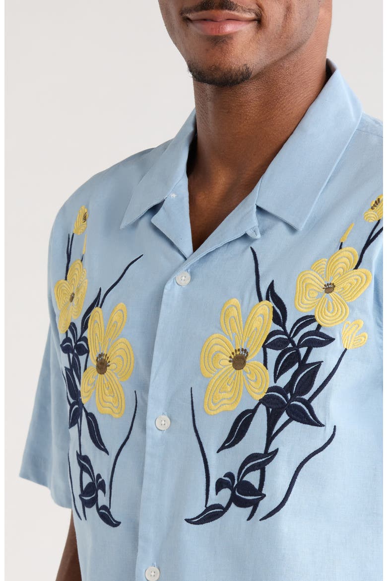 Jasmine Floral Embroidered Cotton & Linen Camp Shirt, Alternate, color, BLUE