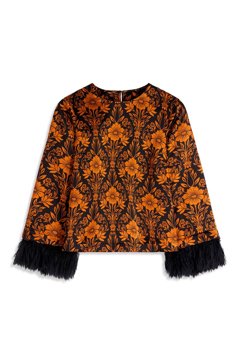 Faux Feather Trim Floral Top, Alternate, color, BROWN FLORAL FLOURISHING SPRIG