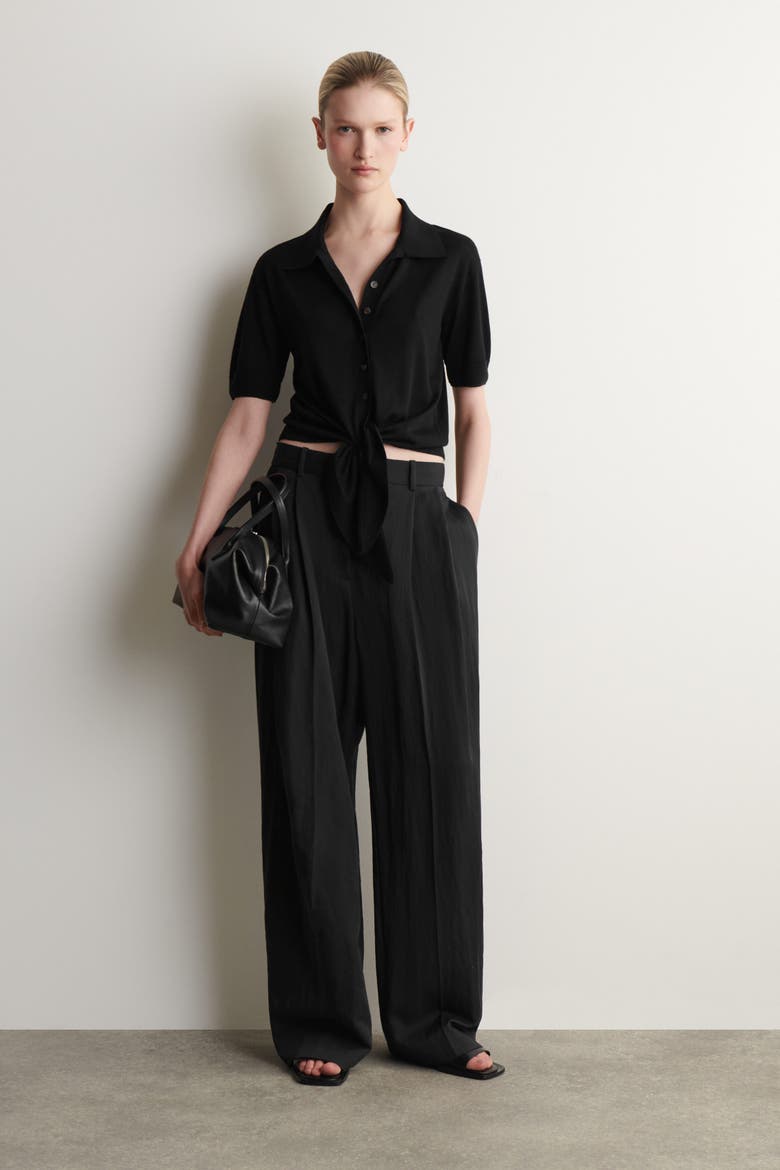 Tie-front Knitted Wool Shirt, Alternate, color, BLACK