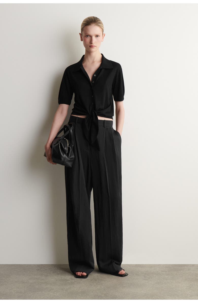 COS Tie-front Knitted Wool Shirt, Alternate, color, Black