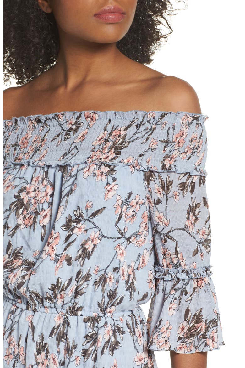 Off the Shoulder Midi Dress, Alternate, color, LIGHT BLUE SAKURA FLORAL
