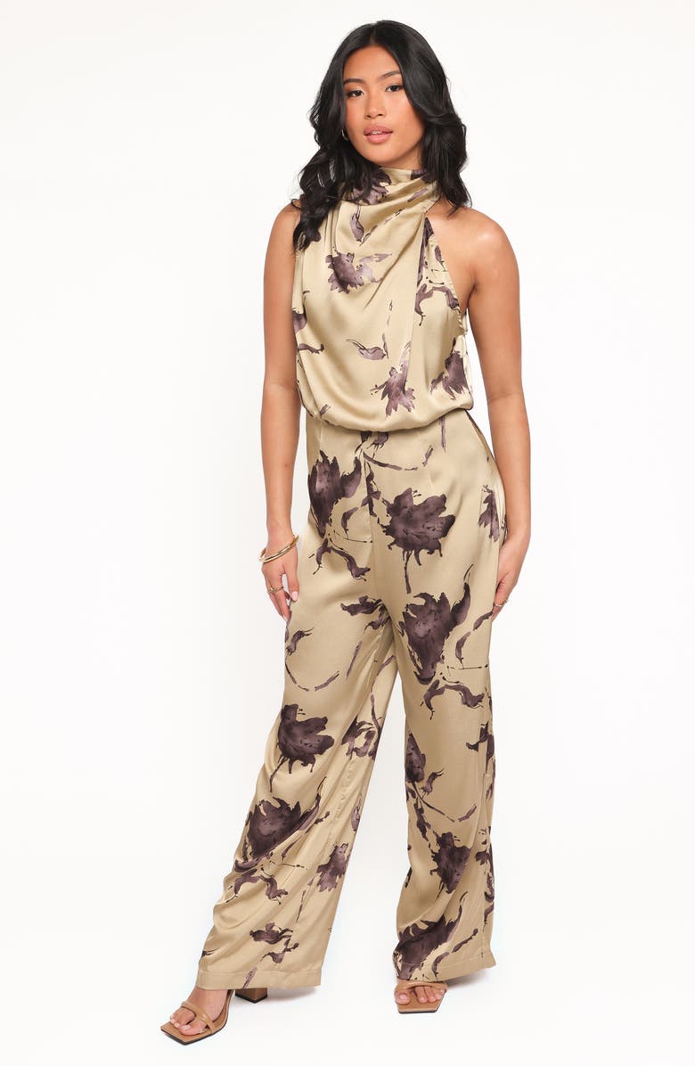 Petal & Pup Savannah Floral One-Shoulder Satin Jumpsuit, Alternate, color, Gold Floral