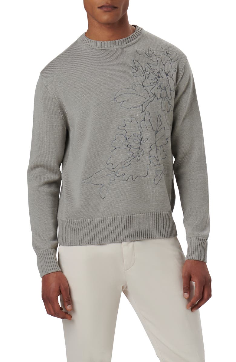Bugatchi Embroidered Merino Wool Crewneck Sweater, Main, color, Cement