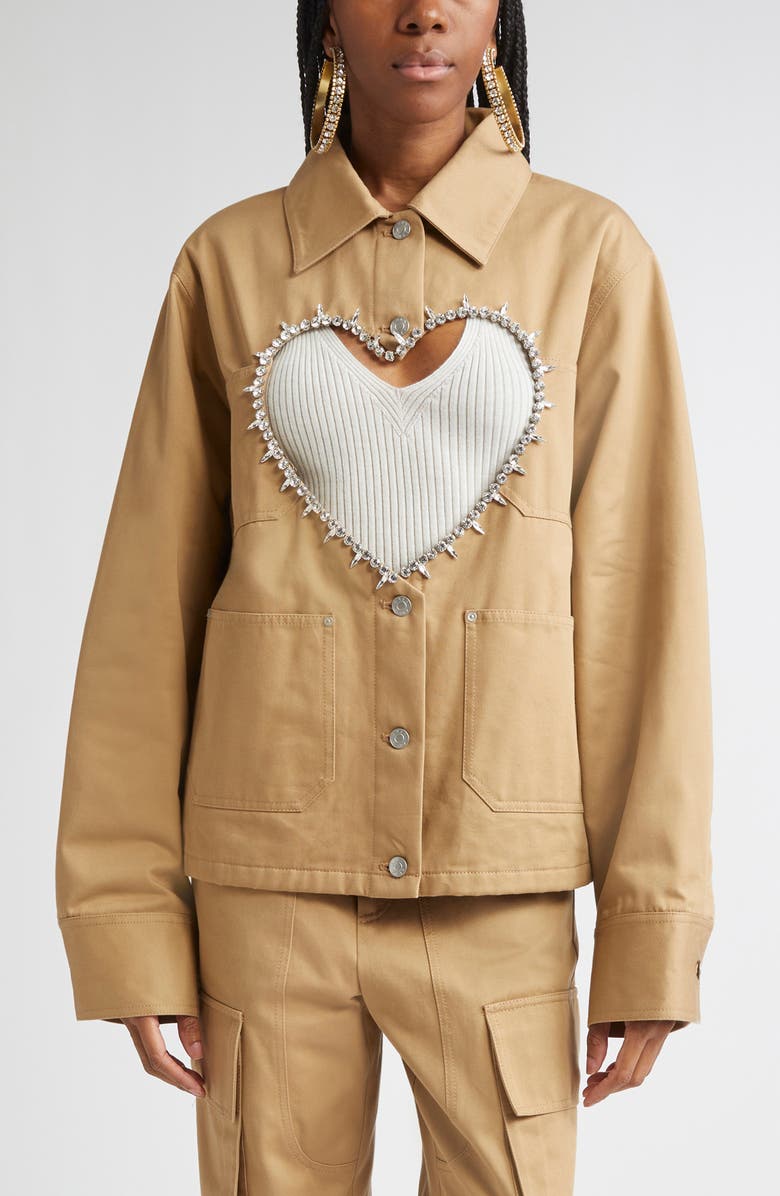 Area Crystal Trim Heart Cutout Cargo Jacket, Main, color, Tan