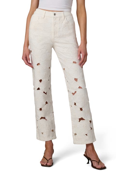 The Margot Floral Eyelet Ankle Straight Leg Jeans (Ecru Floral)