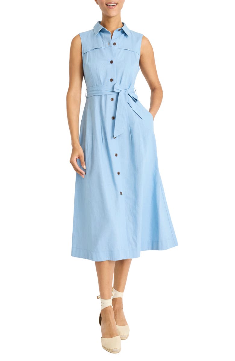 Maggy London Sleeveless Linen Blend Shirtdress, Main, color, Blissful Blue