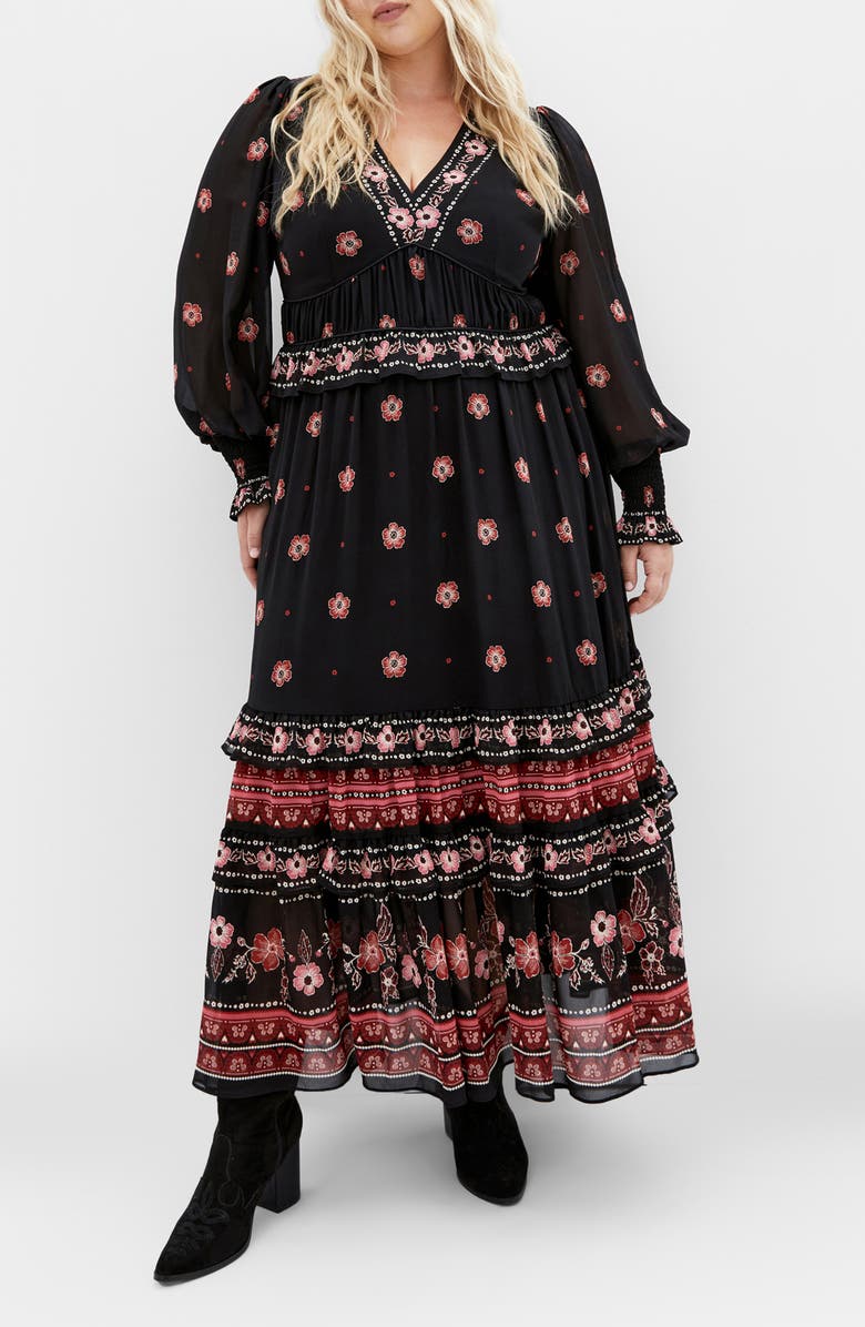 City Chic Cameron Long Sleeve Maxi Dress, Main, color, Border Print