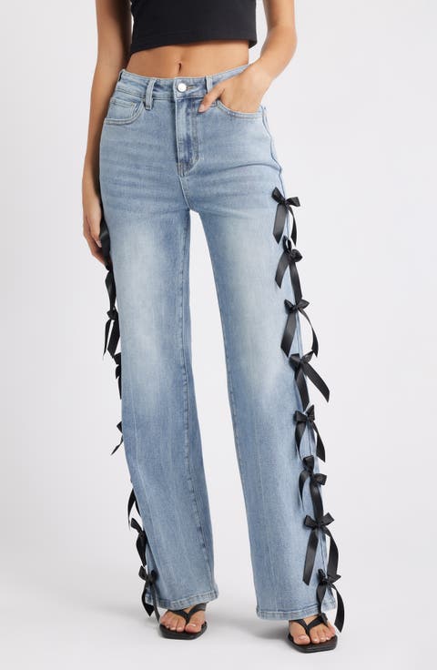 Bow High Waist Wide Leg Jeans (Light Wash)