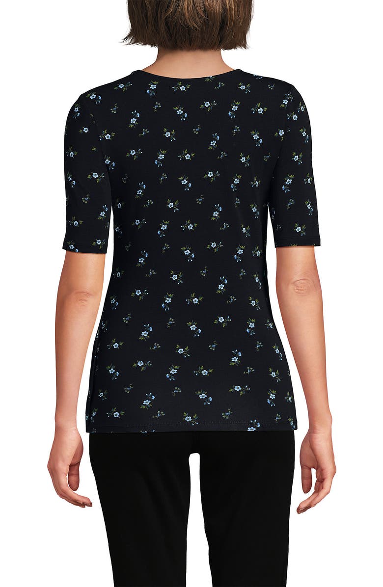 Lands' End Elbow Sleeve Lightweight Jersey Side Tie Blouse, Alternate, color, Black/Cobalt Tiny Floral