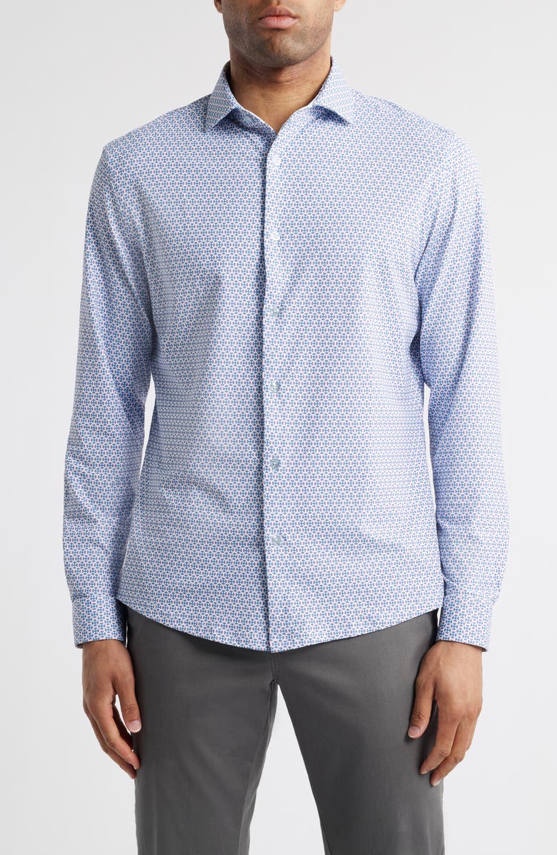 Stone Rose Trim Fit Techno Stretch Medallion Print Performance Button-Up Shirt, Main, color, 