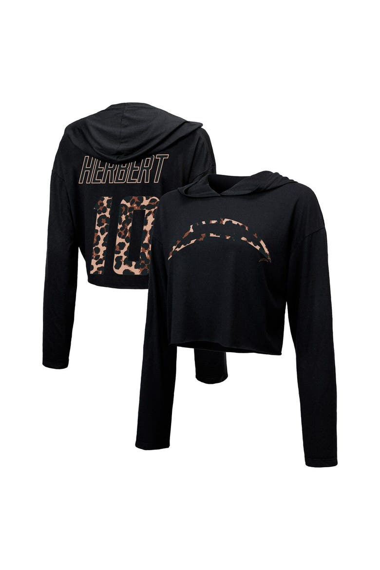 Women's Majestic Threads Justin Herbert Black Los Angeles Chargers Leopard Player Name & Number Long Sleeve Cropped Hoodie, Main, color, Black