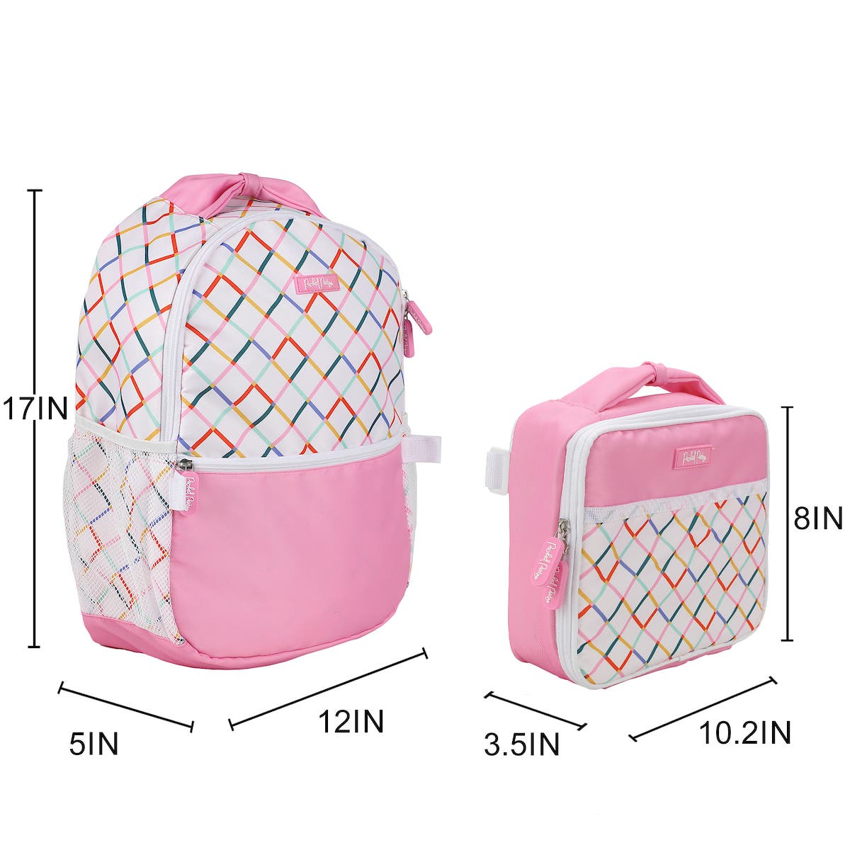 White and Pink with Rainbow Plaid 17" Backpack Set for Girls | Includes Matching Insulated Lunchbox and Water Bottle, Alternate, color, Packed Party Colorful