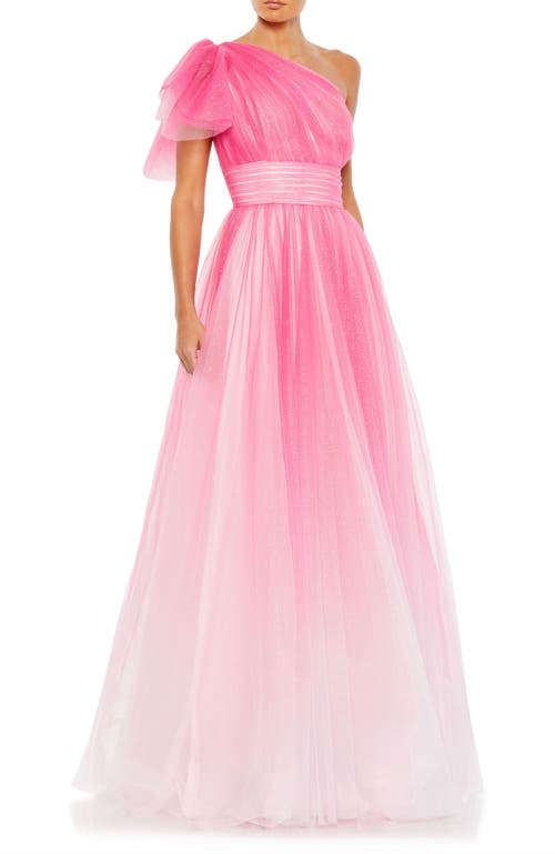 Mac Duggal Glitter Ombre Ruffled One Shoulder Ballgown In Hot Pink Ombre