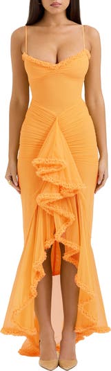 Gabbi Ruffle Mesh High-Low Cocktail Dress