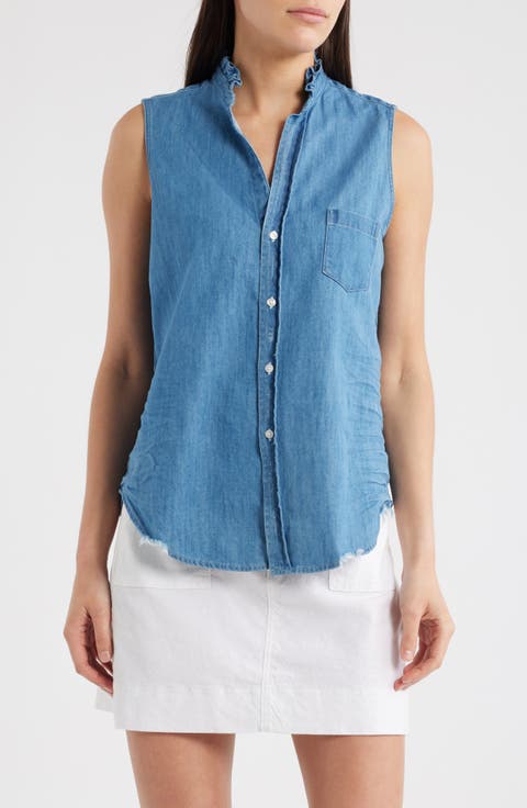 Distressed Sleeveless Cotton Button-Up Shirt