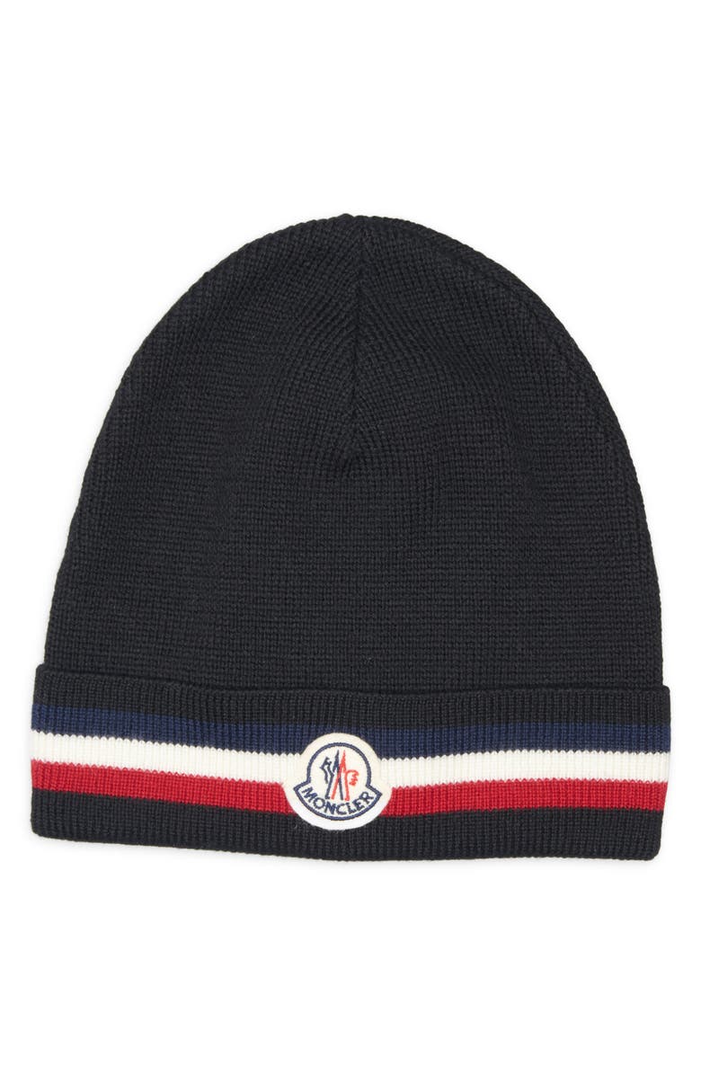 Moncler Tricolor Stripe Virgin Wool Beanie, Main, color, Black