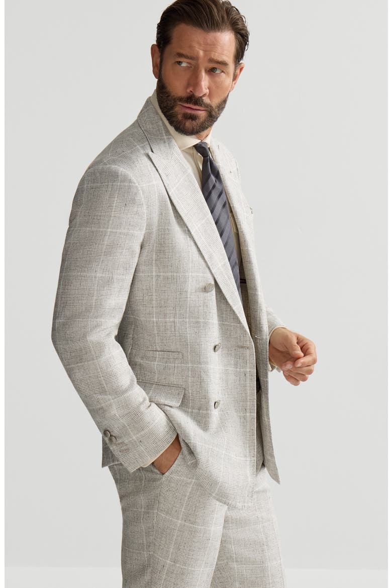 Linen Prince of Wales one-and-a-half breasted deconstructed blazer with metal buttons, Alternate, color, Panama