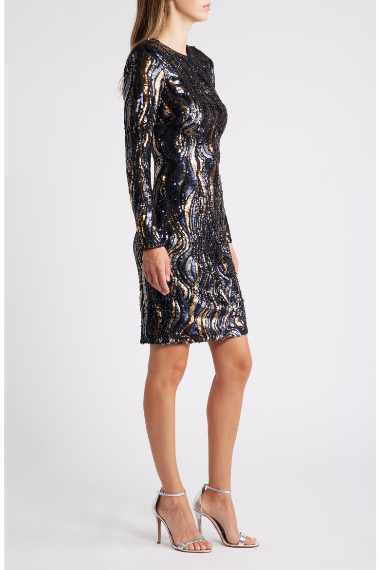 Sequin Swirl Long Sleeve Cocktail Dress, Alternate, color, NAVY GOLD