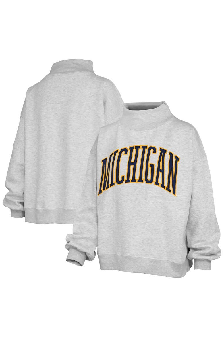 Women's Pressbox Heather Gray Michigan Wolverines Oversized Nelson Mock Neck Sweatshirt, Main, color, Heather Gray